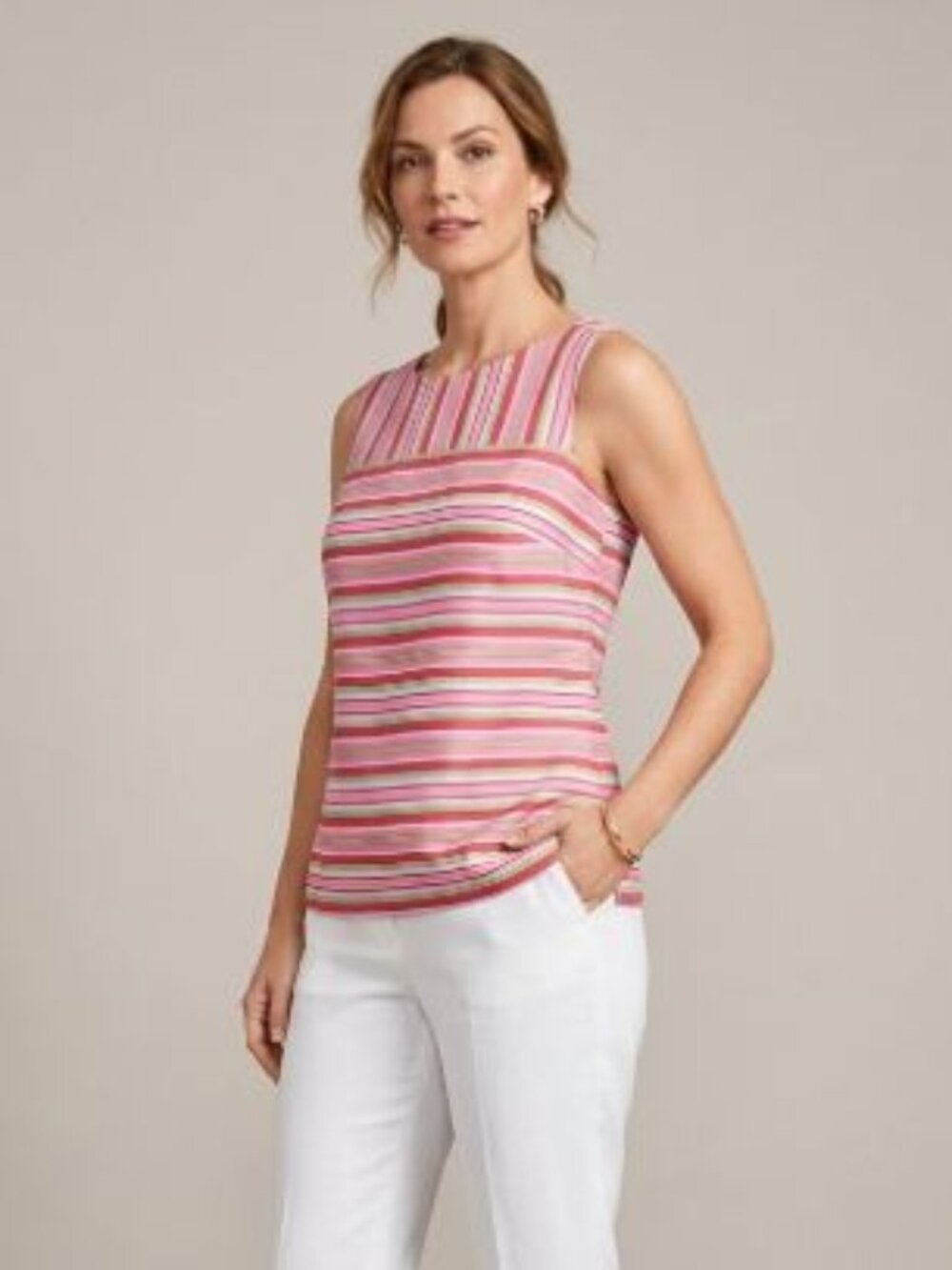 Talbots Red Pink Stripe Lined Sleeveless 100% Silk Tank Top - 8P
